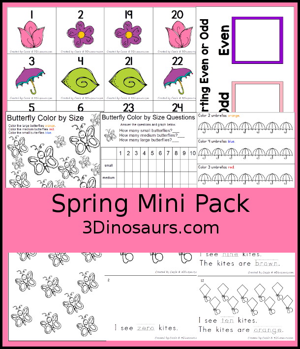 Spring Mini Pack with Number Printables: Even and odd, counting, color by size and count, counting kite book - 3Dinosaurs.com