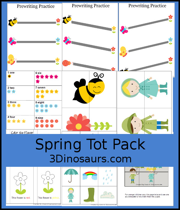 Free Spring Tot Pack - a fun spring printable pack with spring puzzles, spring pre writing, spring matching and more - 3Dinosaurs.com