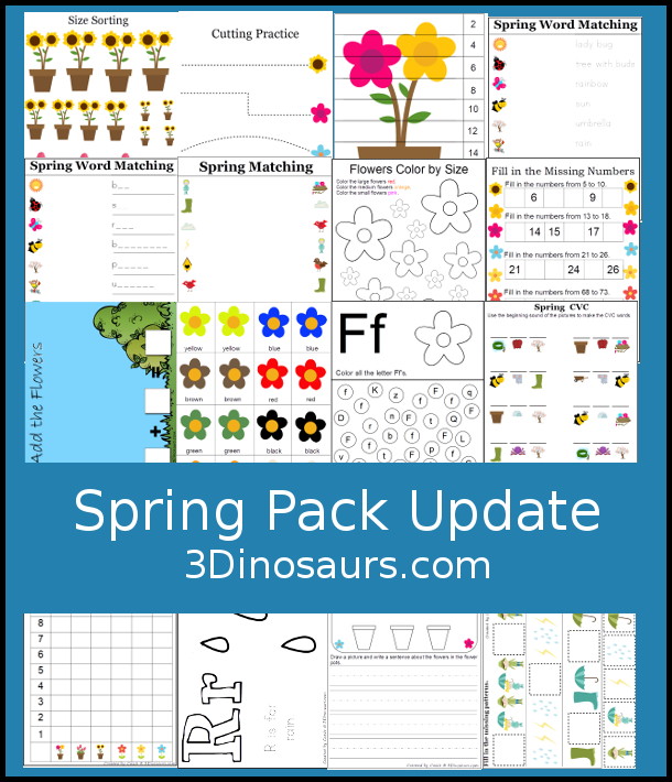 Spring Pack Update Printables has 80 pages of printables spring printables with writing, matching, puzzles, cutting, CVC words and more All great for prek, kindergarten, kindergarten and first grade - 3Dionsaurs.com