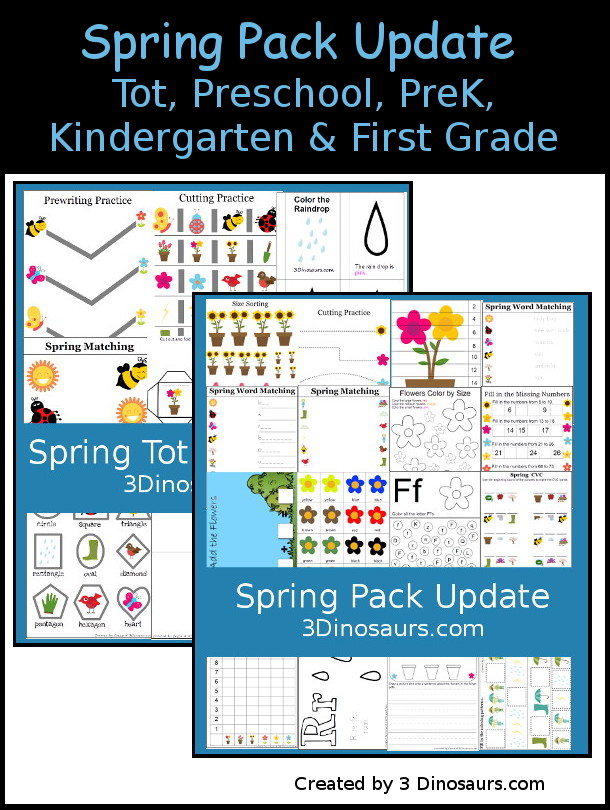 Free Spring Pack Update For Tot, Preschool, PreK, Kindergarten & First Grade - with 60 fun printables for spring with lots of activities for kids to do with a mix of hands-on and no-prep printables - 3Dinosaurs.com