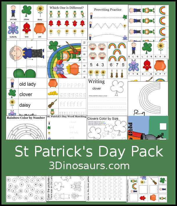 Free St. Patrick’s Day Pack Printables - with over 55 pages of printables with puzzles, prewriting, coloring pages, matching, writing, patterns, and more with this easy use pack for prek, kindergarten and first grade age kids from 3Dinosuars.com