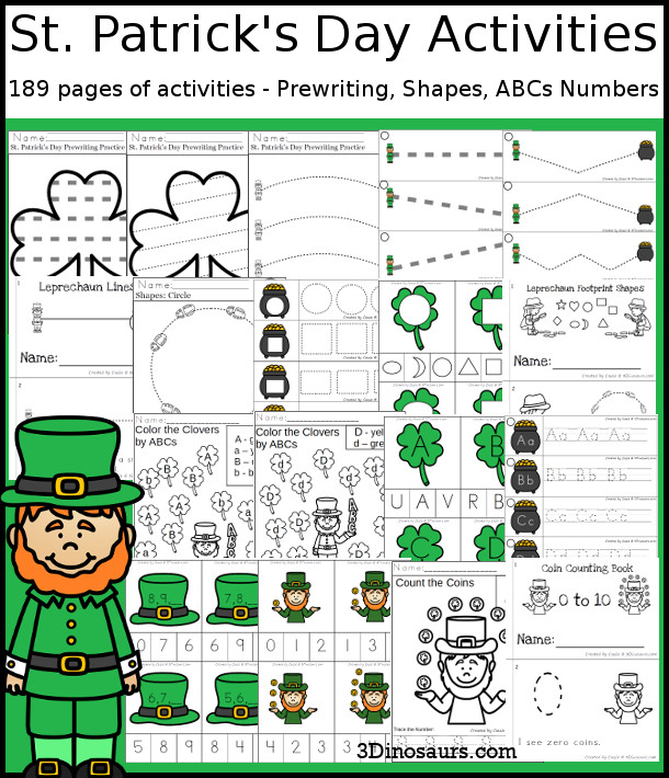 St. Patrick's Day Activities Pack with Prewriting, Shapes, ABCs, and Numbers - 191 pages of activities with no-prep pages, clip cards and tracing strips to help with learning skills - 3Dinosaurs.com