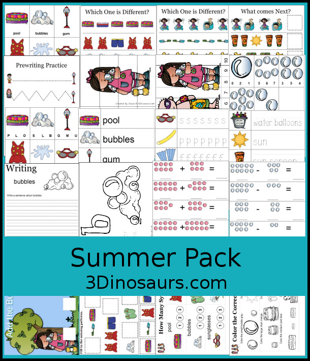 Free Summer Pack for PreK, Kindergarten & First Grade - with mix of hands-on and no-prep printables to work on letters, summer words, writing, tracing, colors, counting and more in a 75 page themed pack - 3Dinosaurs.com 