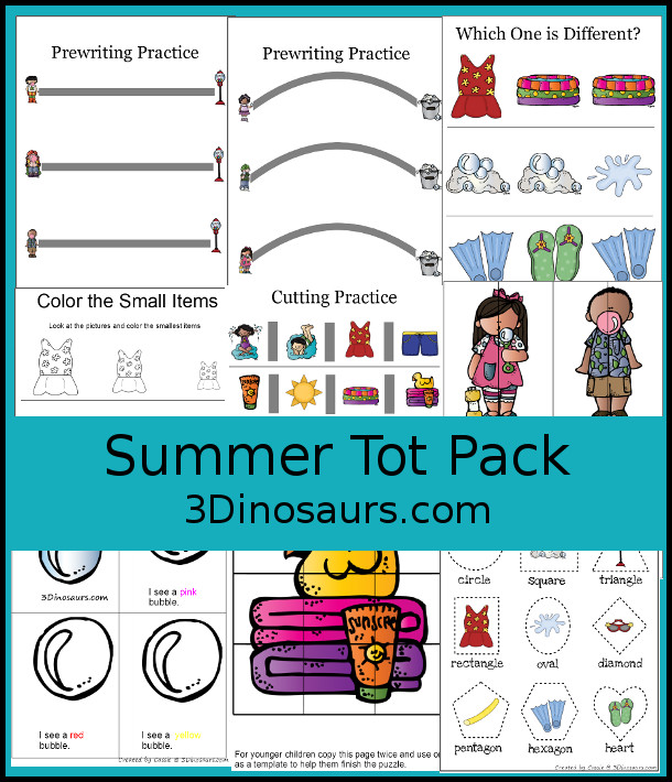 Free Summer Pack for Tot and Preschool - with mix of hands-on and no-prep printables to work on size, shapes, prewriting, puzzles, cutting, letters, and matching - 3Dinosaurs.com 