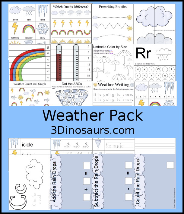 Free Weather Pack for Prek and Kindergarten with print and cursive letters in the pack for working on weather words. You have a mix on no-prep printables and hands-on printables in this weather pack. 3Dinosaurs.com 