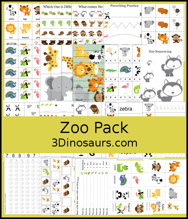 Free Zoo Pack Printables for Prek and Kindergarten - with animal cards, prewriting, zoo addition worksheets, zoo pocket chart cards, zoo puzzles, beginning sounds for zoo animals, numbers 1 to 10 clip cards, matching cards, small folding books and more - 3Dionsaurs.com