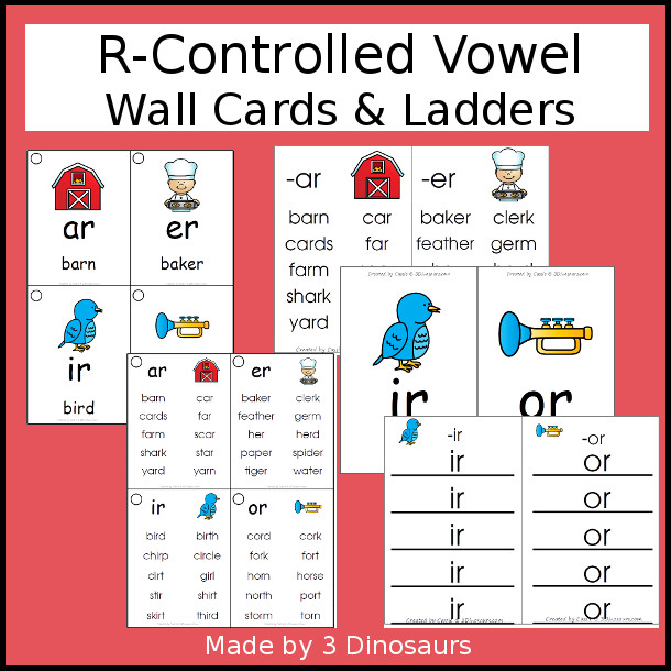 Easy To Use R-Controlled Vowel Wall Cards and Ladders - two different card sizes and types - 3Dinosaurs.com #learningtoread #wallcards #rcontrolledvowels