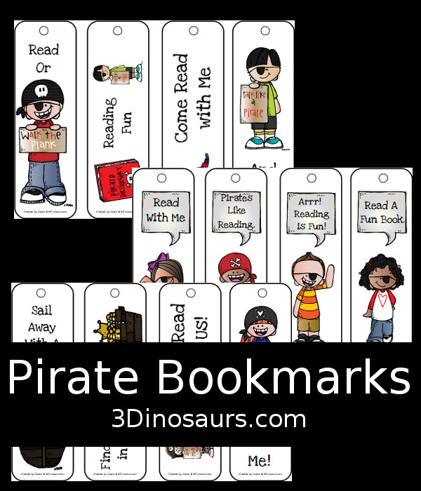 Free Pirate Themed Bookmarks - 12 different ones to pick from - 3Dinosaurs.com