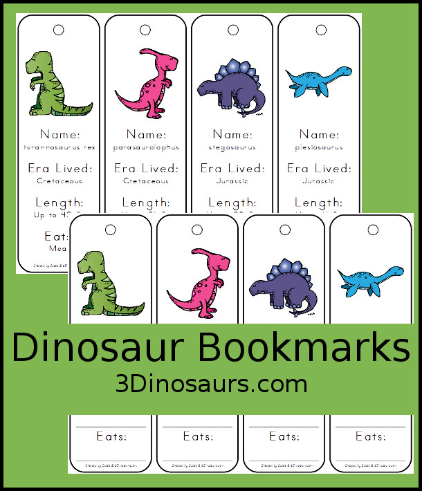 Free Fun Dinosaur Information Bookmarks For Kids - 7 different dinosaurs - 3Dinosaurs.com