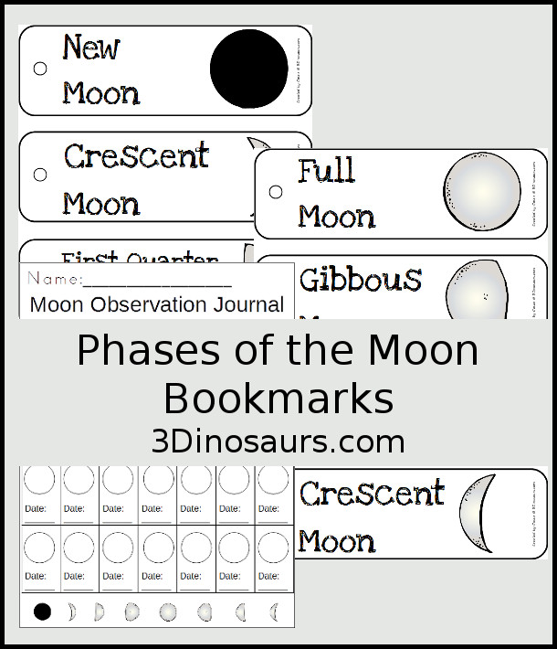 Free Phases of the Moon Bookmarks with an observation journal kids can fill out - options for both hemispheres - 3Dinosaurs.com