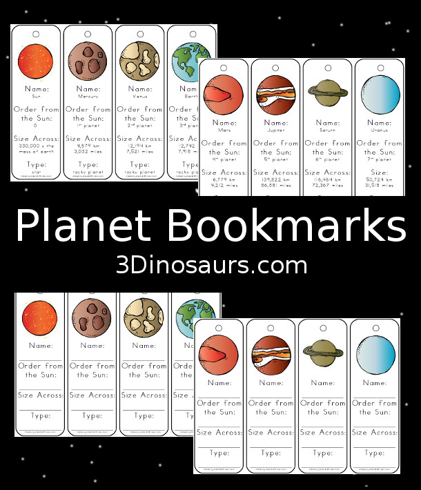 Free Handy Planet Information Bookmarks - 2 types of bookmarks for kids to use - 3Dinosaurs.com