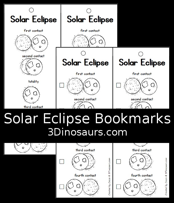 Free Total Solar Eclipse Bookmarks with the order of events for a total solar eclipse with pictures for kids to use to mark what they have seen.  3Dinosaurs.com