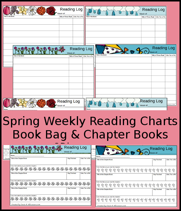 Free Spring Weekly Reading Charts Printable: Book Bag & Chapter books 4 different themes - 3Dinosaurs.com