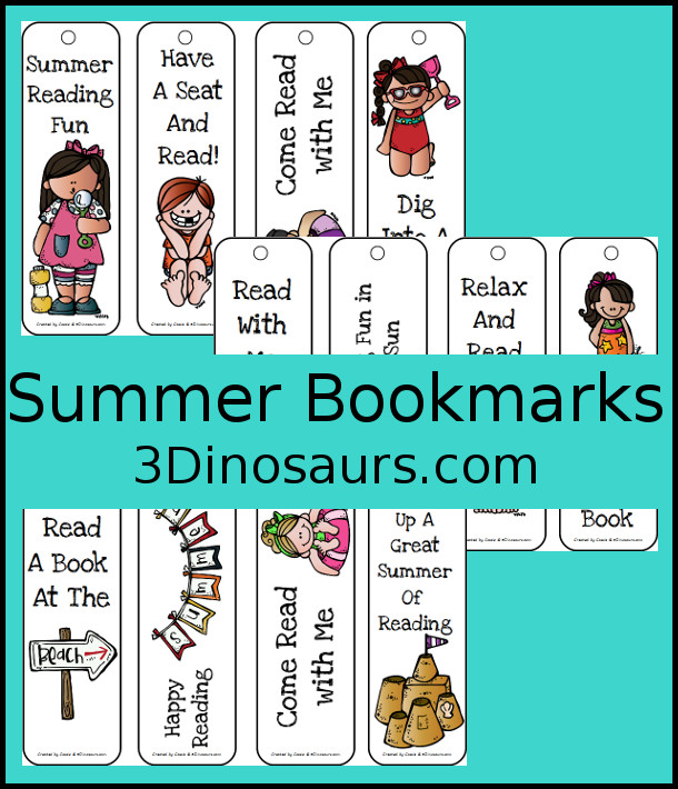 Free Summer Themed Bookmarks - 12 different ones to pick from - 3Dinosaurs.com