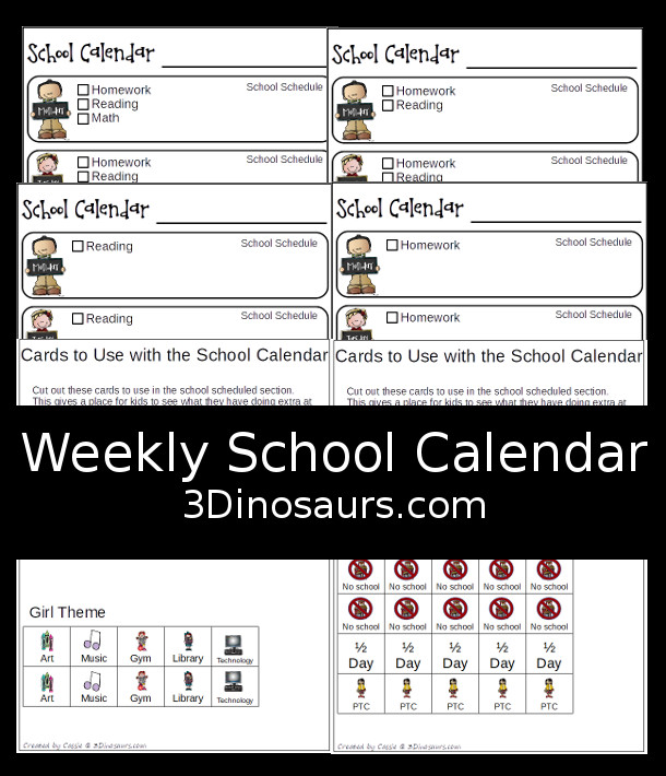 Free Weekly School Calendar; 6 calendar options, 2 sets of daily cards for boy and girl, and speical calendar cards - 3Dinosaurs.com