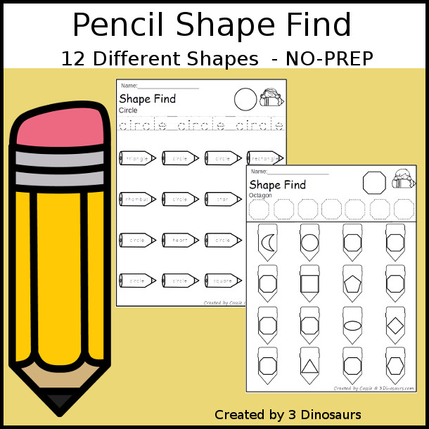 Pencil Shape Find - with  11 Shapes for kids with geometric shapes and shape words for kids to learn. A great PreK, kindergarten, and first grade.- 3Dinosaurs.com