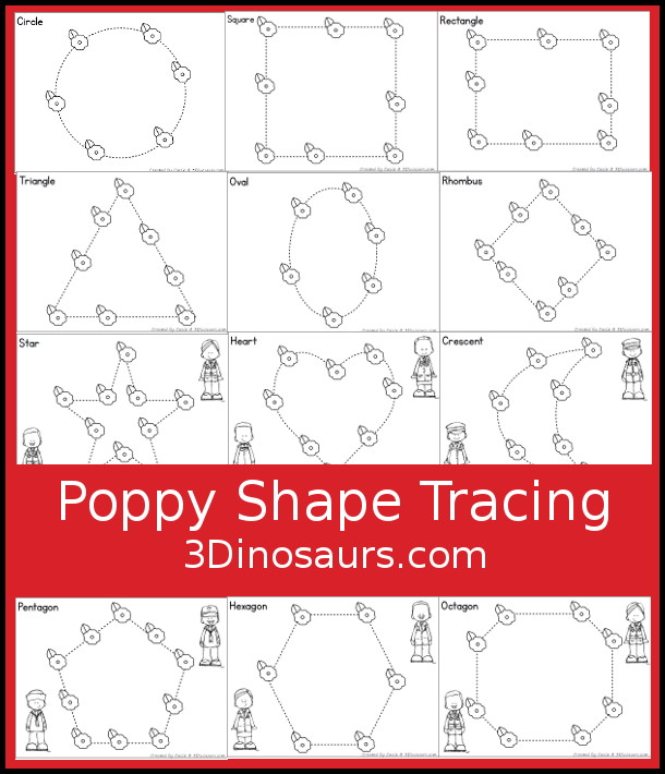 Free Poppy Shape Tracing Printable - has 12 shapes for kids to trace and color the poppies on the shapes. A great Veteran's Day shape printable for kids working on fine motor skills and shapes. - 3Dinosaurs.com