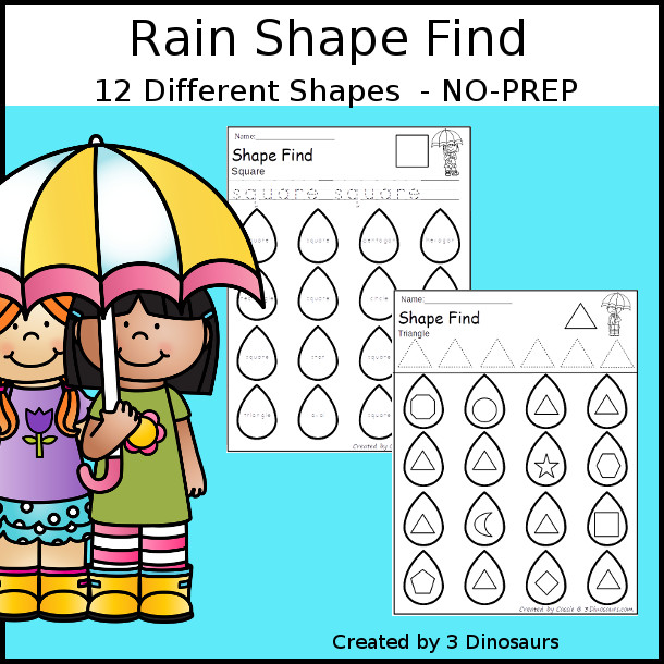 Rain Themed Shape Find: shape and shape word with tracing $ - 3Dinosaurs.com