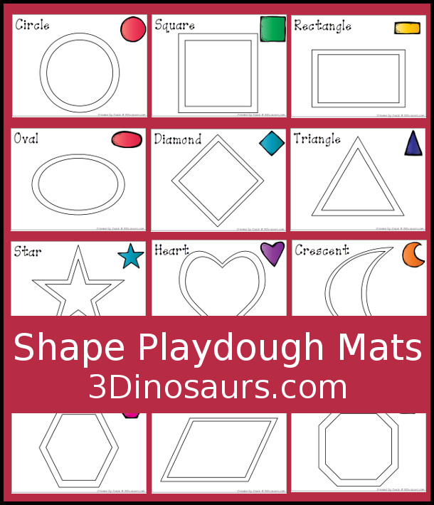 Free Shape Playdough Mats - with 11 playdough mats to use with a shape on each page with the shape word and an example of the shape - 3 Dinosaurs