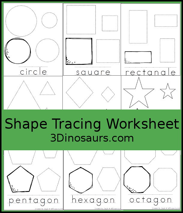 Free Shape Tracing Printable with Coloring has three shapes to trace on each page, a shape to color and the shape word below. - 3Dinosaurs.com