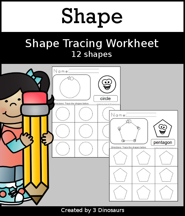 Shape Tracing worksheets with a guide to show how to trace the shapes and 9 shapes to trace. - 3Dinosaurs.com