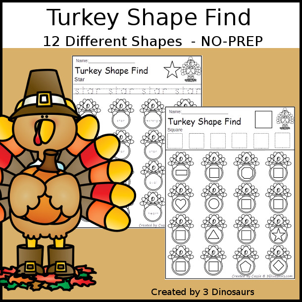 Turkey Themed Shape Find: shape and shape word with tracing $ - 3Dinosaurs.com