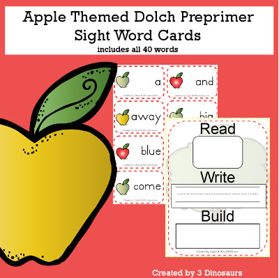 Apple Theme Dolch Preprimer Sight Words - all 40 words in the Dolch Preprimer $ - 3Dinosaurs.com