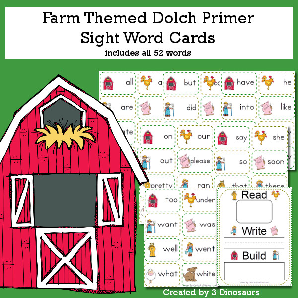 Farm Theme Dolch Preprimer Sight Words - all 52 words in the Dolch Primer $ - 3Dinosaurs.com