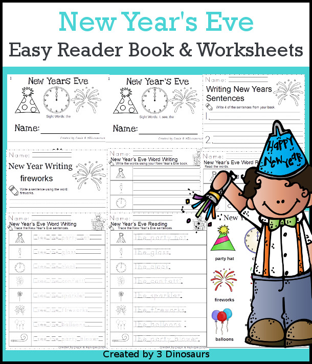 New Years Eve Early Reader Books - sight words: the, I, see - Each books has two options for printing - plus writing activities, puzzles, reading, tracing, word chart and more - 3Dinosaurs.com