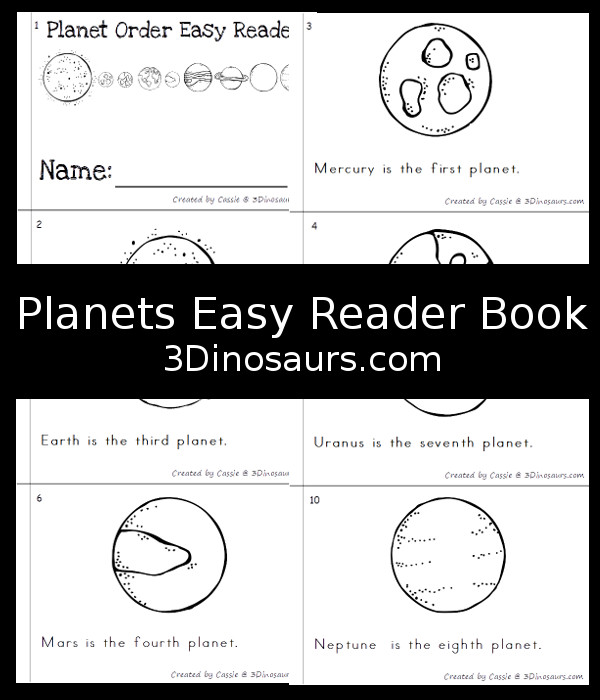 Free Planet Order Easy Reader Book - 12 page books with planets name and how far from the sun they are - 3Dinosaurs.com