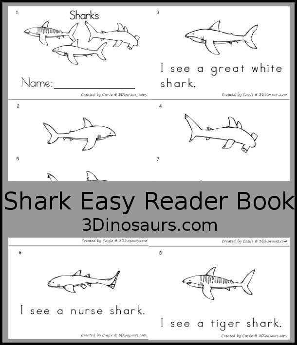 Free Shark Easy Reader Book - with an eight page book with seven sharks in the book with the sight words I, see, a. - 3Dinosaurs.com