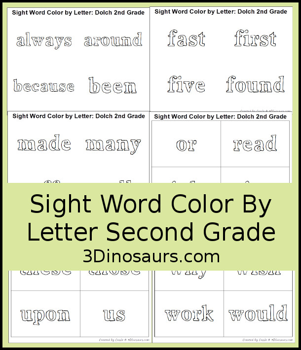 Free Sight Word Color by Letter: Dolch Sight Words: second Grade - all 46 sight words with a page type and a card type coloring - 3Dinosaurs.com