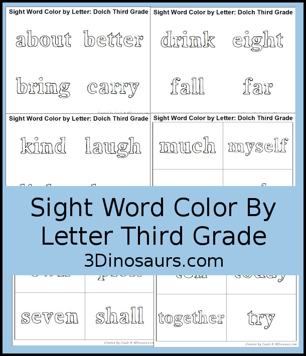 Free Sight Word Color by Letter: Dolch Sight Words: Third Grade - all 46 sight words with a page type and a card type coloring - 3Dinosaurs.com