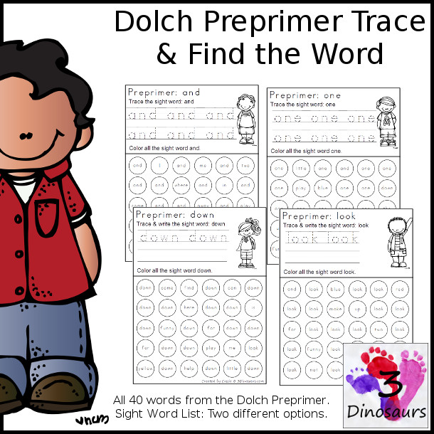 Preprimer Sight Word Trace & Dot the Word - two variations of the printable - Price $3.50 - 3Dinosaurs.com