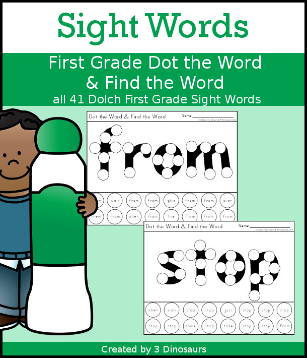 Sight Word First Grade Dot the Word & Find the Word - all 41 First Grade sight words with dot marker words with a dot find the word - no-prep printable - 3Dinosaurs.com