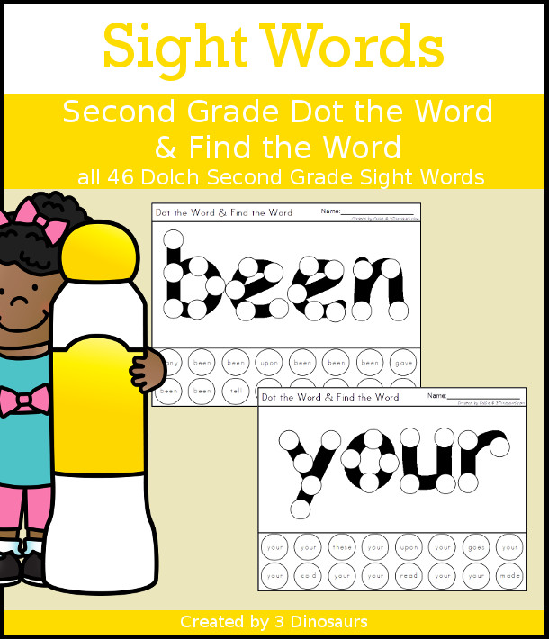 Sight Word Second Grade Dot the Word & Find the Word - all 46 Second Grade sight words with dot marker words with a dot find the word - no-prep printable - Dinosaurs.com