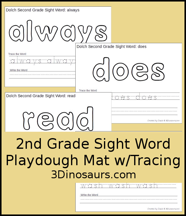 Free Dolch Second Grade Sight Words Playdough Mats with Tracing - 3Dinosaurs.com