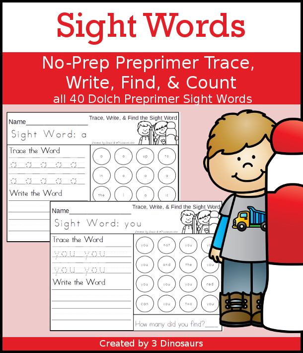 No-Prep Sight Word Trace, Write, Find & Count: Preprimer  - has all 40 Dolch Sight Words: Preprimer in an easy to use trace, write, find and count for each sight word - 3Dinosaurs.com