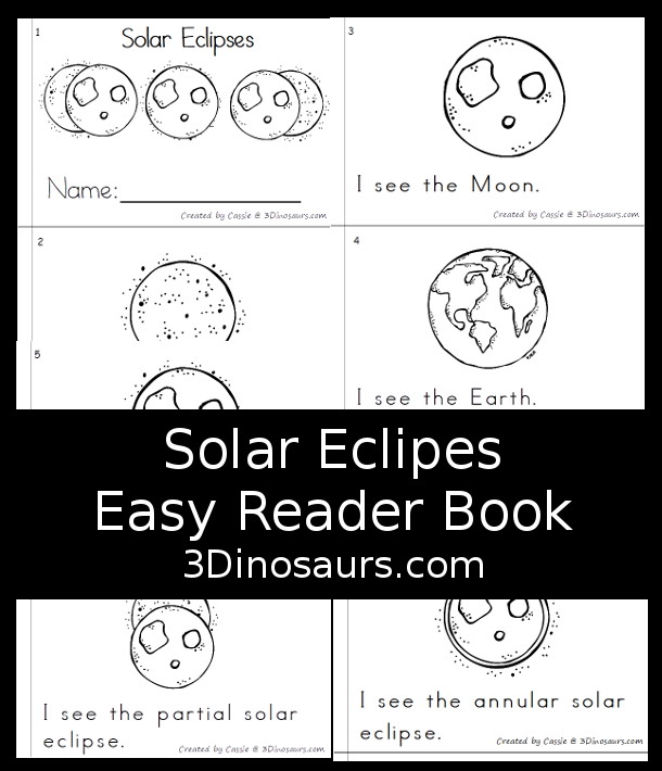 Free Solar Eclipse Easy Reader Book - with a 6 pages book with words about the solar eclipse with the Sun, Moon, Earth, Total Solar Eclipse, Partial Solar Eclipse and Annular Solar Eclipse - 3Dinosaurs.com