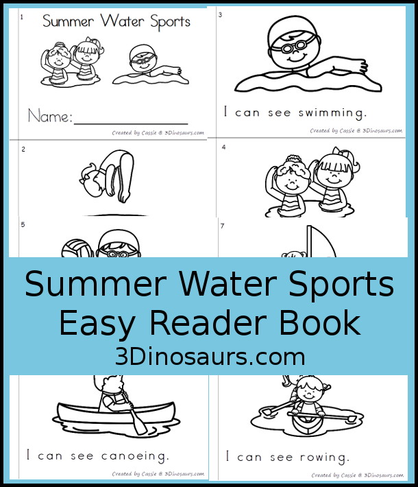 Free Summer Water Sports Easy Reader Book Printable is a 8 page easy reader book with 7 different water sports for the summer with swimming and boat sports included - 3Dinosaurs.com