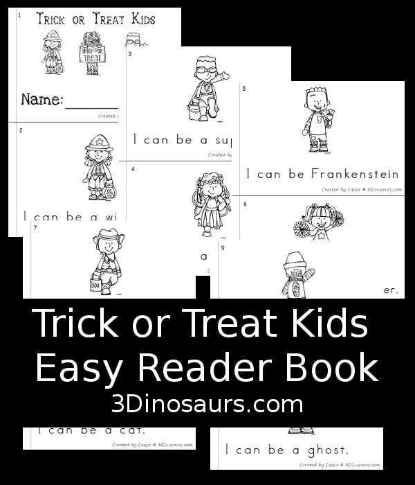 FREE rick or Treat Kids Easy Reader Book - 10  page book for PreK and Kinder age kids - 3Dinosaurs.com