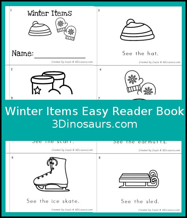 Free Winter Items Easy Reader - 1 book with 8 pages of winter items - 3Dinosaurs.com