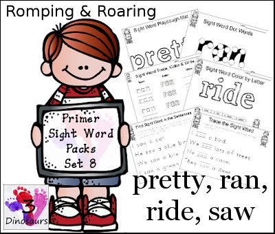 Romping & Roaring Primer Sight Words: pretty, ran, ride, saw - 3Dinosaurs.com