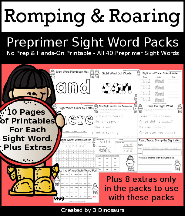 Romping & Roaring Preprimer Sight Words - with 10 pages of learning center ideas to work on 40 different sight words - 3Dinosaurs.com