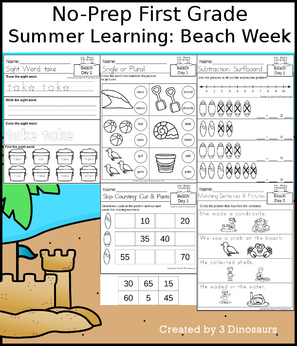 No-Prep Beach Themed Weekly Packs for First Grade with 5 days of activities to do to learn with a summer Beach theme. - 3Dinosaurs.com