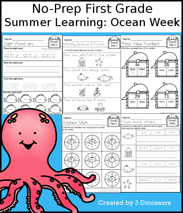 No-Prep Ocean Themed Weekly Packs for First Grade with 5 days of activities to do to learn with a summer Ocean theme. - 3Dinosaurs.com