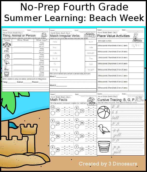 No-Prep Beach Themed Weekly Packs for Fourth Grade with 5 days of activities to do to learn with a summer Beach-  - 3Dinosaurs.com