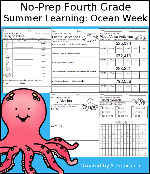 No-Prep Ocean Themed Weekly Packs for Fourth Grade with 5 days of activities to do to learn with a summer Ocean-  - 3Dinosaurs.com