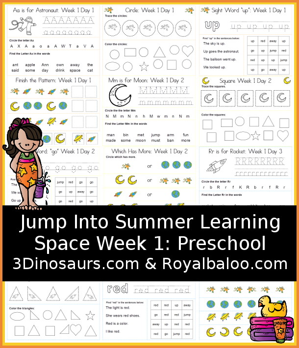 Jump In To Summer: Space Week 1 Preschool Week - with letters, sight words, shapes and worksheets with 5 days of printables with four pages for each day