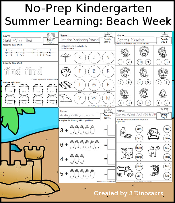 No-Prep Beach Themed Weekly Packs for Kindergarten with 5 days of activities to do to learn with a summer Beach theme - 3Dinosaurs.com